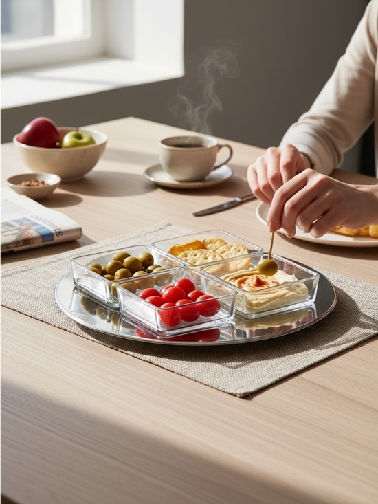 STUDIO NOVA Glass Four-Section Server on Chrome-Silver Tray Hostess Server - Picture 2 of 8